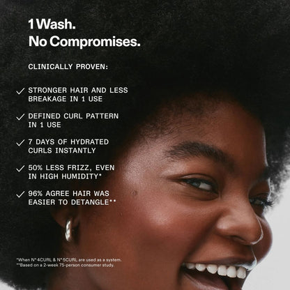 Woman with healthy hair and promotional text about hair care product benefits.