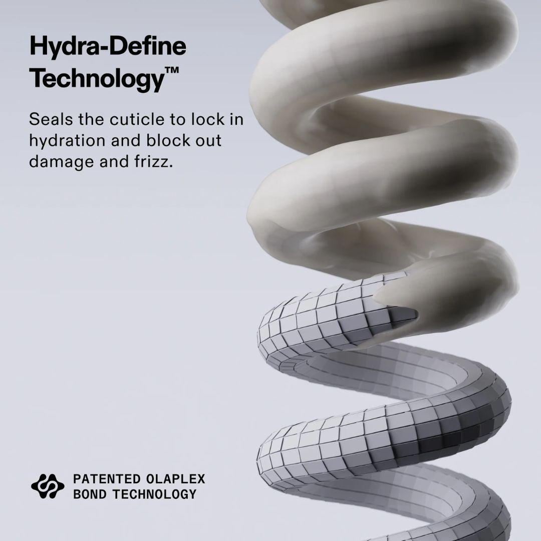 Advertisement for Hydra-Define Technology with a close-up of a coiled hair product on a light gray background.