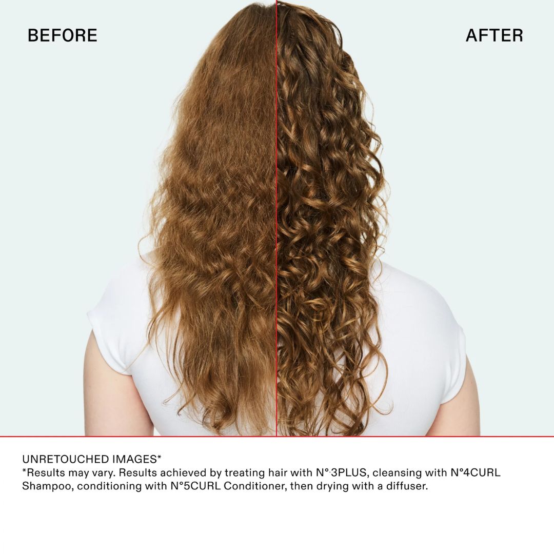 Before and after comparison of styled hair with a person wearing a white shirt on a light gray background.