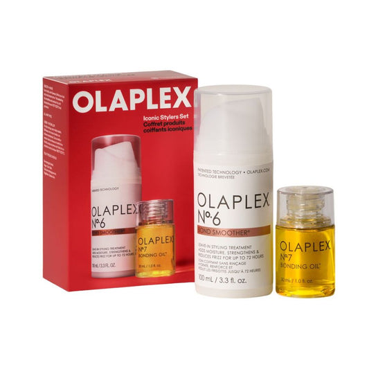 Olaplex Iconic Stylers Set featuring a red retail box, a white Olaplex No. 6 Smoother bottle, and a small clear bottle of Olaplex No.
