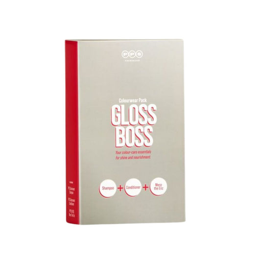 A boxed hair color essential set labeled Gloss Boss by PPD, shown upright on a plain white background. The package is light gray with a red spine edge and red/white text.