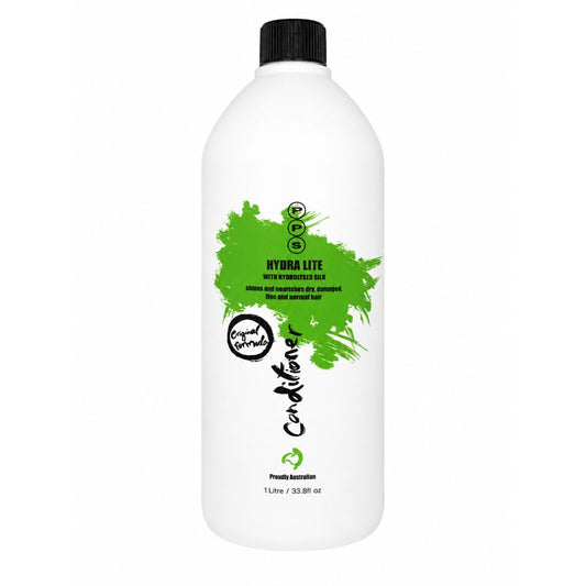 Bottle of 'Hydra Lite' conditioner with green label on a white background