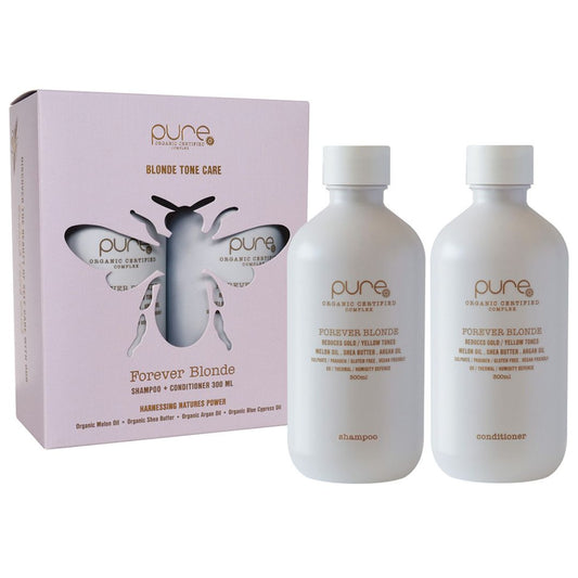 Two bottles of 'pure' shampoo and conditioner with a packaging box on a white background