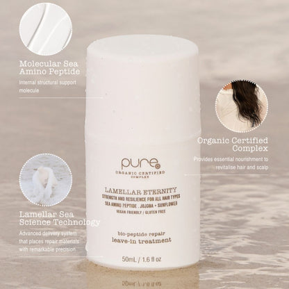 White bottle of 'pure' hair care product with text detailing ingredients and benefits on a beige background.