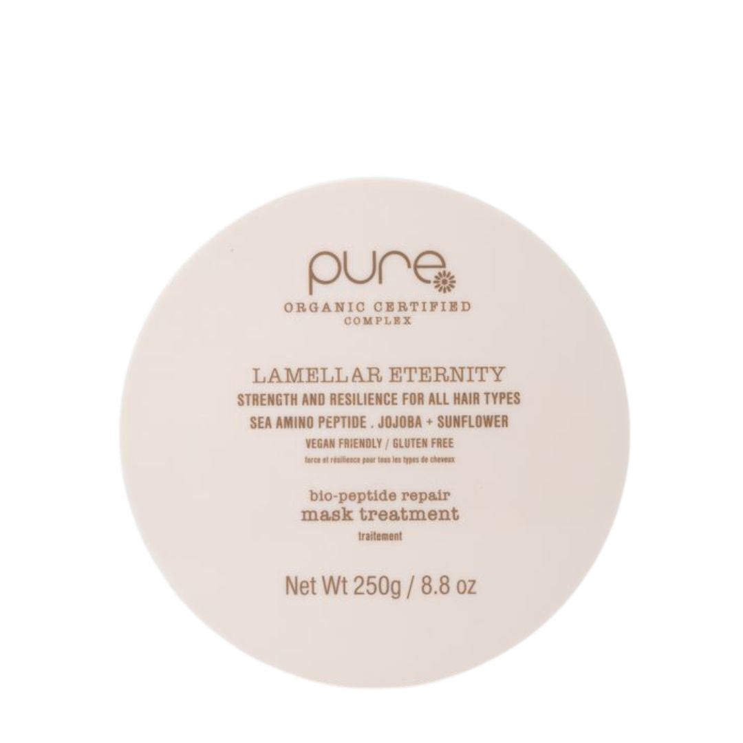 White container of 'pure' organic certified complex lamellar eternity hair mask on a white background