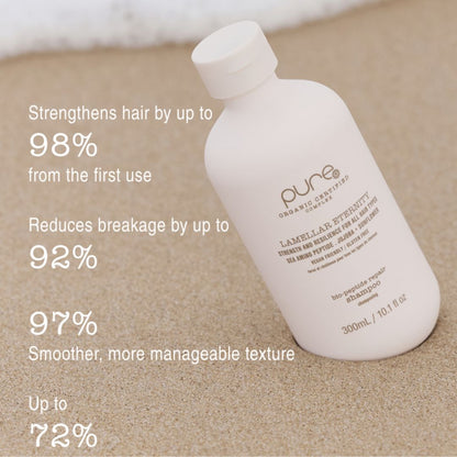 White shampoo bottle with text on a beige background