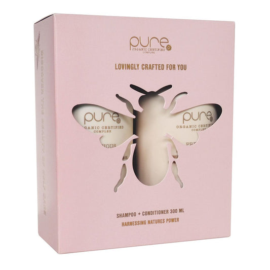 Pink packaging of 'pure' organic certified shampoo and conditioner with butterfly design.