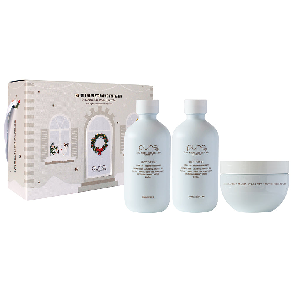 A skincare gift set from Pure Encapsulations featuring a holiday-themed gift box, a shower gel bottle, a body wash bottle, and a cleansing cream jar, all in a soft icy blue color on a white background.