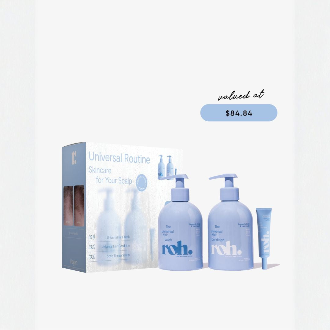 A Roh's Universal Routine Skincare set on a white background, featuring a blue and white box, a large pump bottle, a smaller pump bottle, and a tube, with a 'valued at $84.84' badge above.
