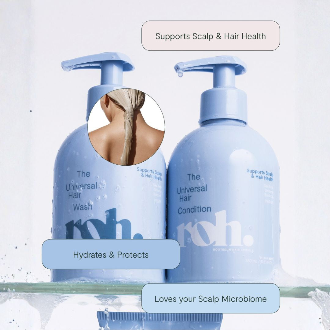 Two light blue pump bottles of Roh's hair care products on a white background with text callouts and a circular inset showing the back of a person's hair.