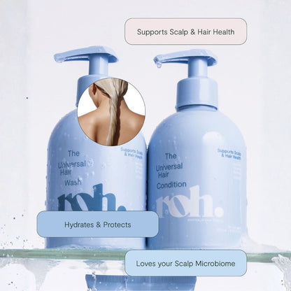 Two light blue pump bottles of Roh's hair care products on a white background with text callouts and a circular inset showing the back of a person's hair.