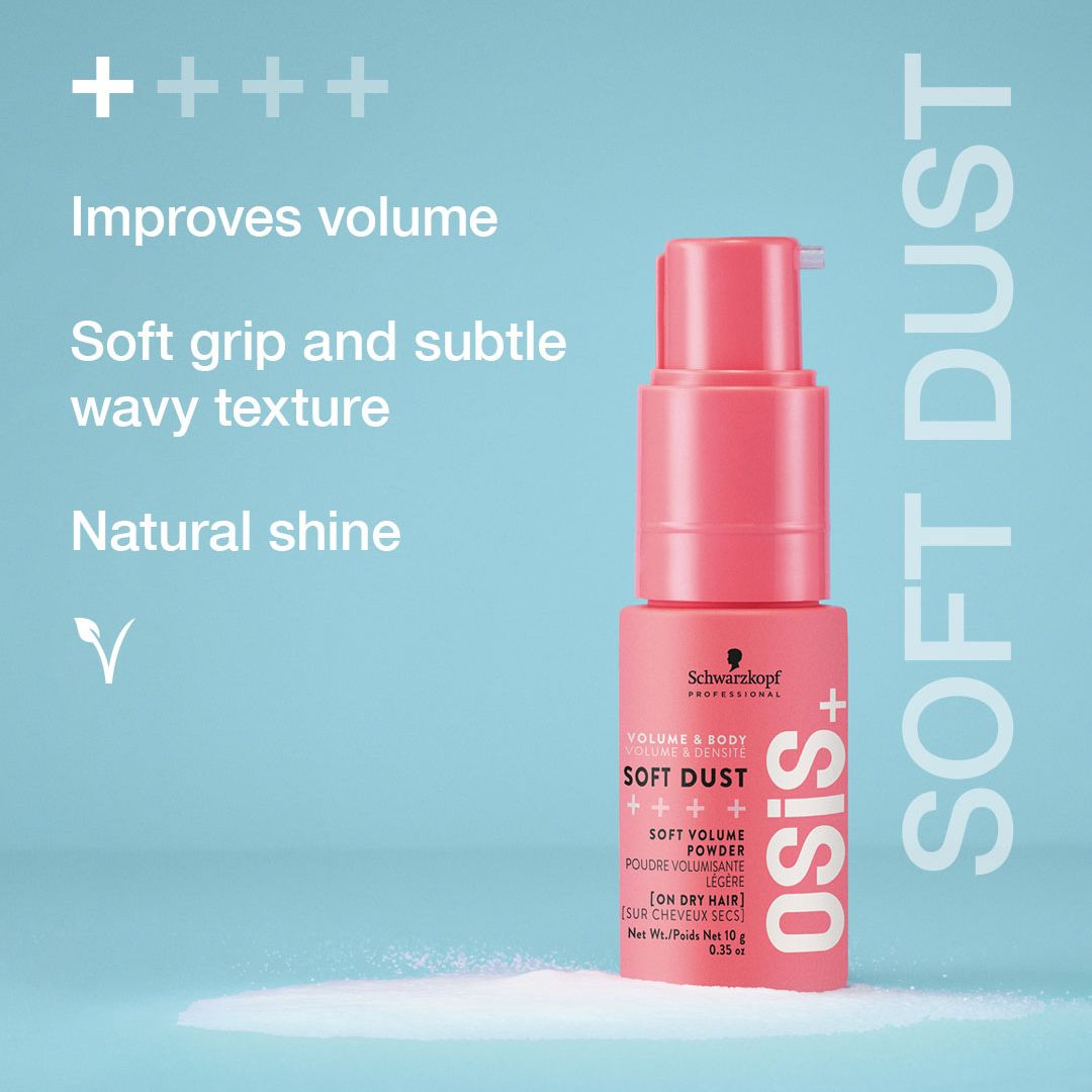 Pink hair product bottle labeled 'OSIS Soft Dust' on a light blue background with text describing product benefits.