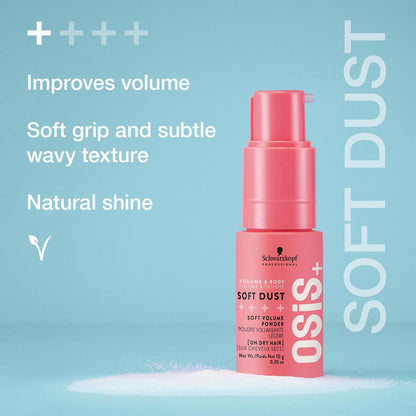 Pink hair product bottle labeled 'OSIS Soft Dust' on a light blue background with text describing product benefits.