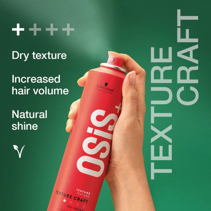 Red Osis+ hair spray can held by a hand against a green background with product benefits listed.