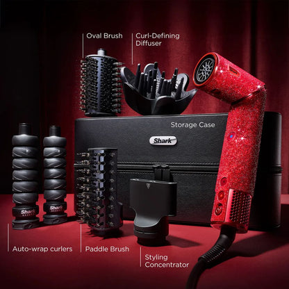 Shark hair styling tool set with red dryer, black storage case, and various attachments on a dark background.