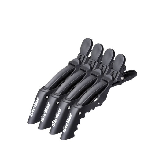 Set of black hair clips with 'Stellar' branding on a white background