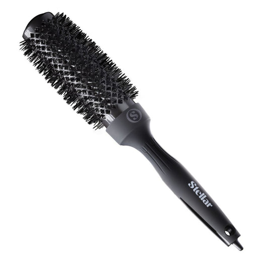 Black round hairbrush with gray handle on a white background