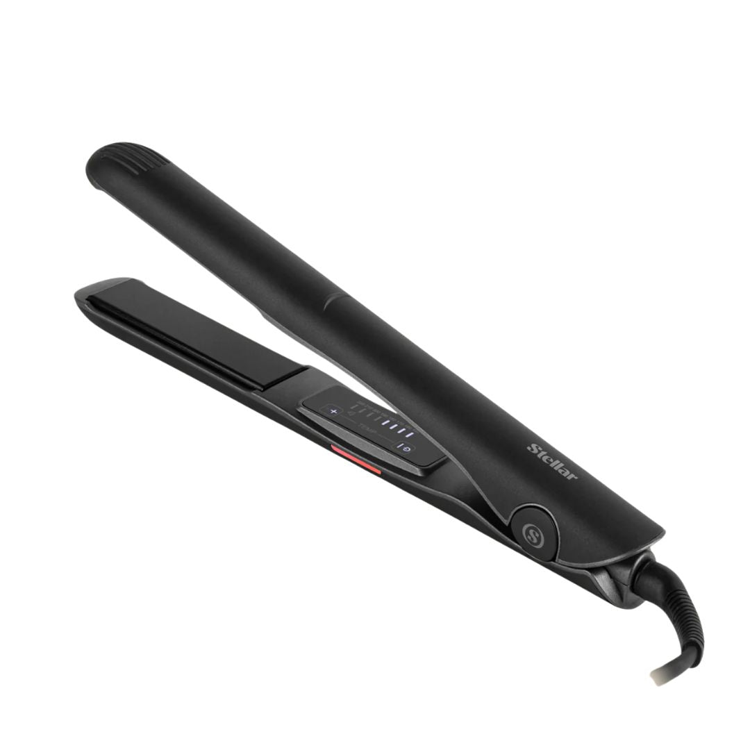 Black hair straightener on a white background