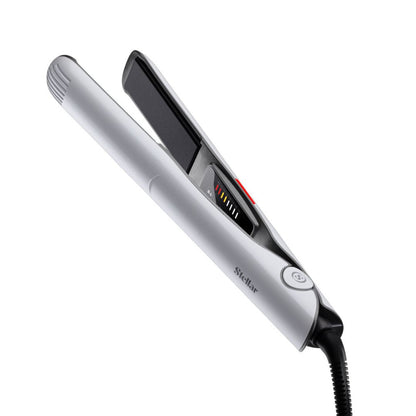 Silver hair straightener with digital display on a white background