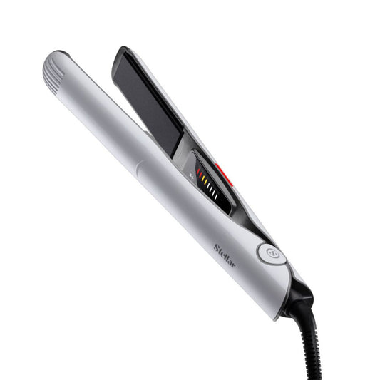 Silver hair straightener with digital display on a white background