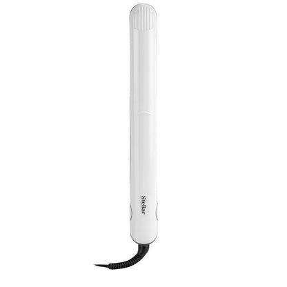 White hair straightener with black cord on a white background