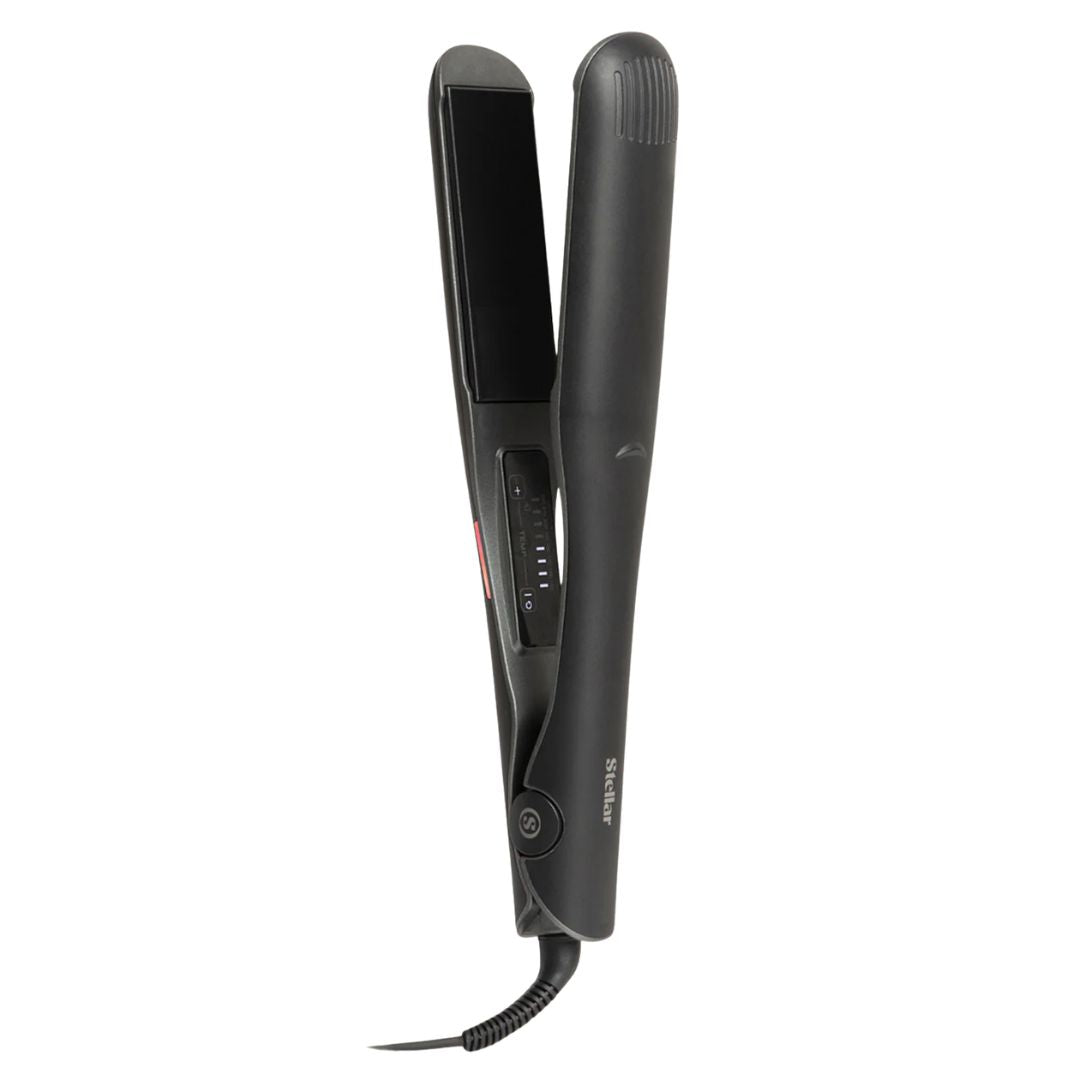 Black hair straightener on a white background