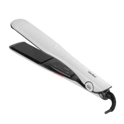 White hair straightener with black accents on a white background