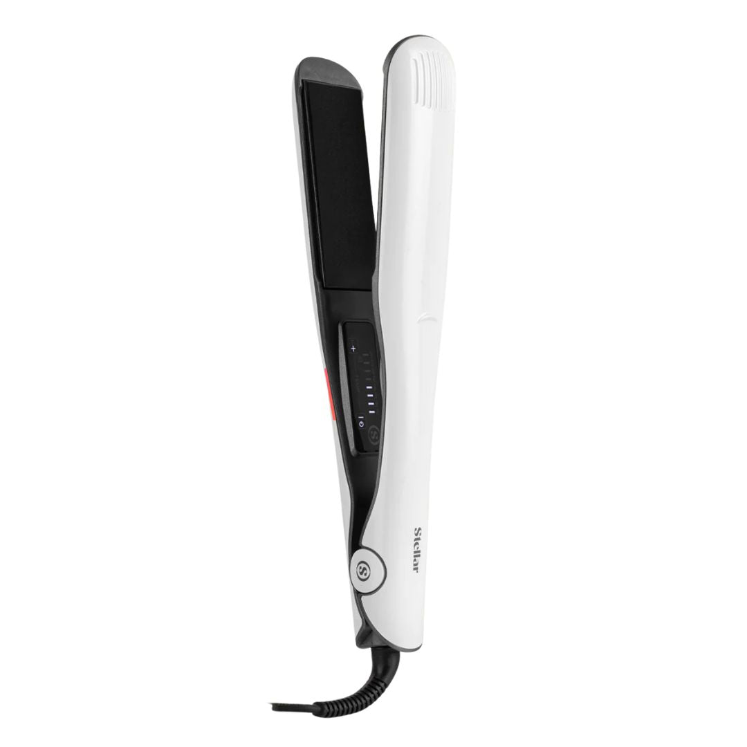 White hair straightener with black accents on a white background