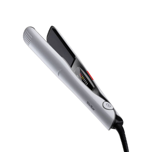 Silver hair straightener with digital display on a white background