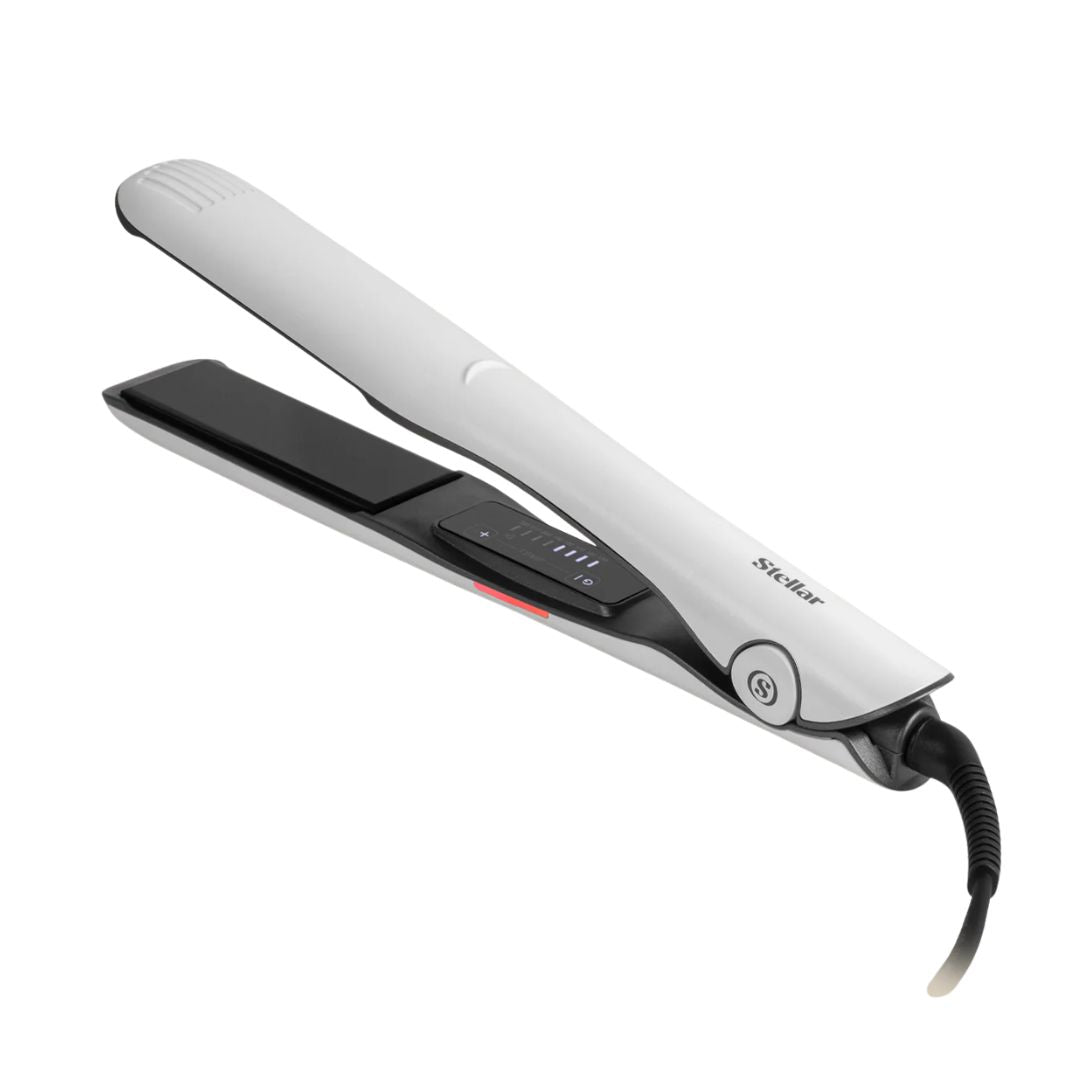 Silver hair straightener on a white background
