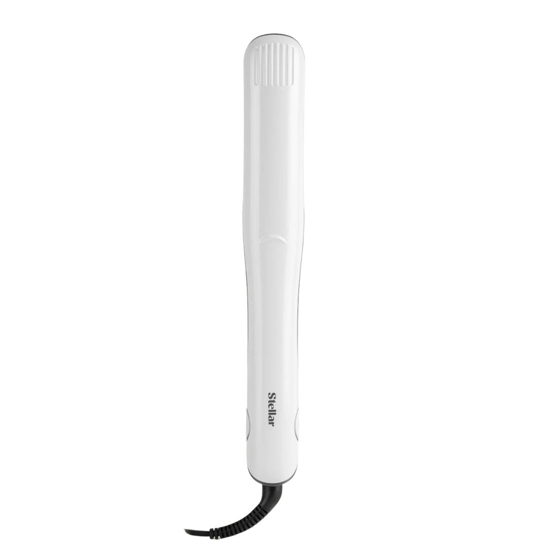White hair straightener with black cord on a white background