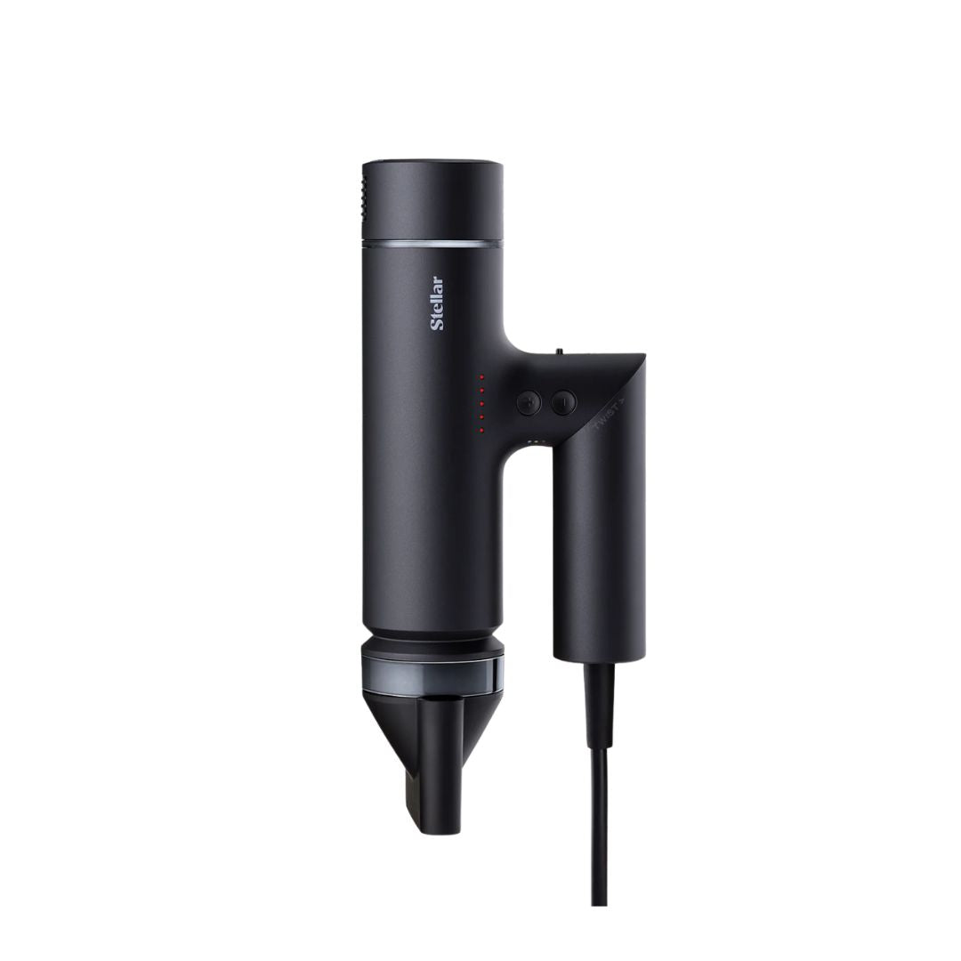 Black hair dryer with 'Stellar' branding on a white background