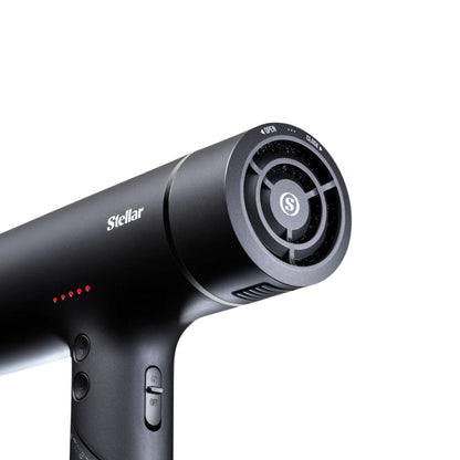 Black hair dryer with 'Stellar' branding on a white background