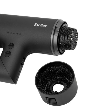 Black Stellar massage gun with attachments on a white background