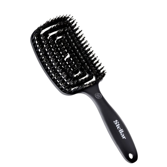 Black hairbrush with 'Stellar' branding on a white background
