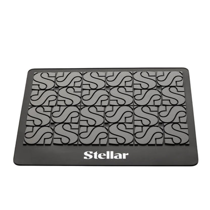 Black mat with white pattern and 'Stellar' branding on a white background
