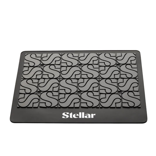 Black mat with white pattern and 'Stellar' branding on a white background