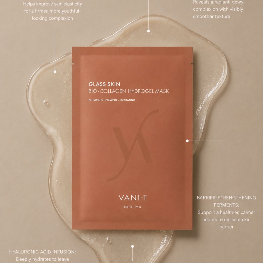 A single Vani-T Glass Skin Bio-Collagen Hydrogel Mask packet in a warm terracotta color, centered over a translucent gel puddle on a beige background with callout text annotations.
