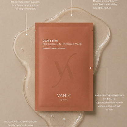 A single Vani-T Glass Skin Bio-Collagen Hydrogel Mask packet in a warm terracotta color, centered over a translucent gel puddle on a beige background with callout text annotations.