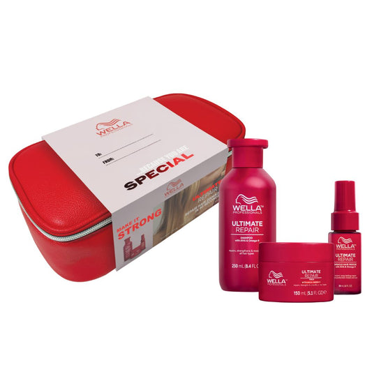 Wella hair care product set with red box and bottles on a white background