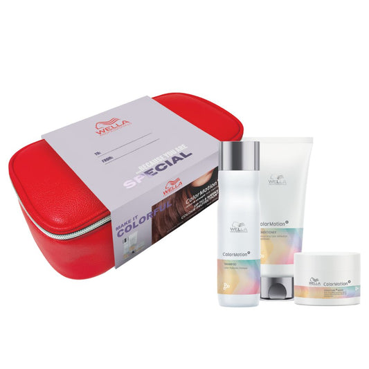 Wella hair care product set with red case on a white background