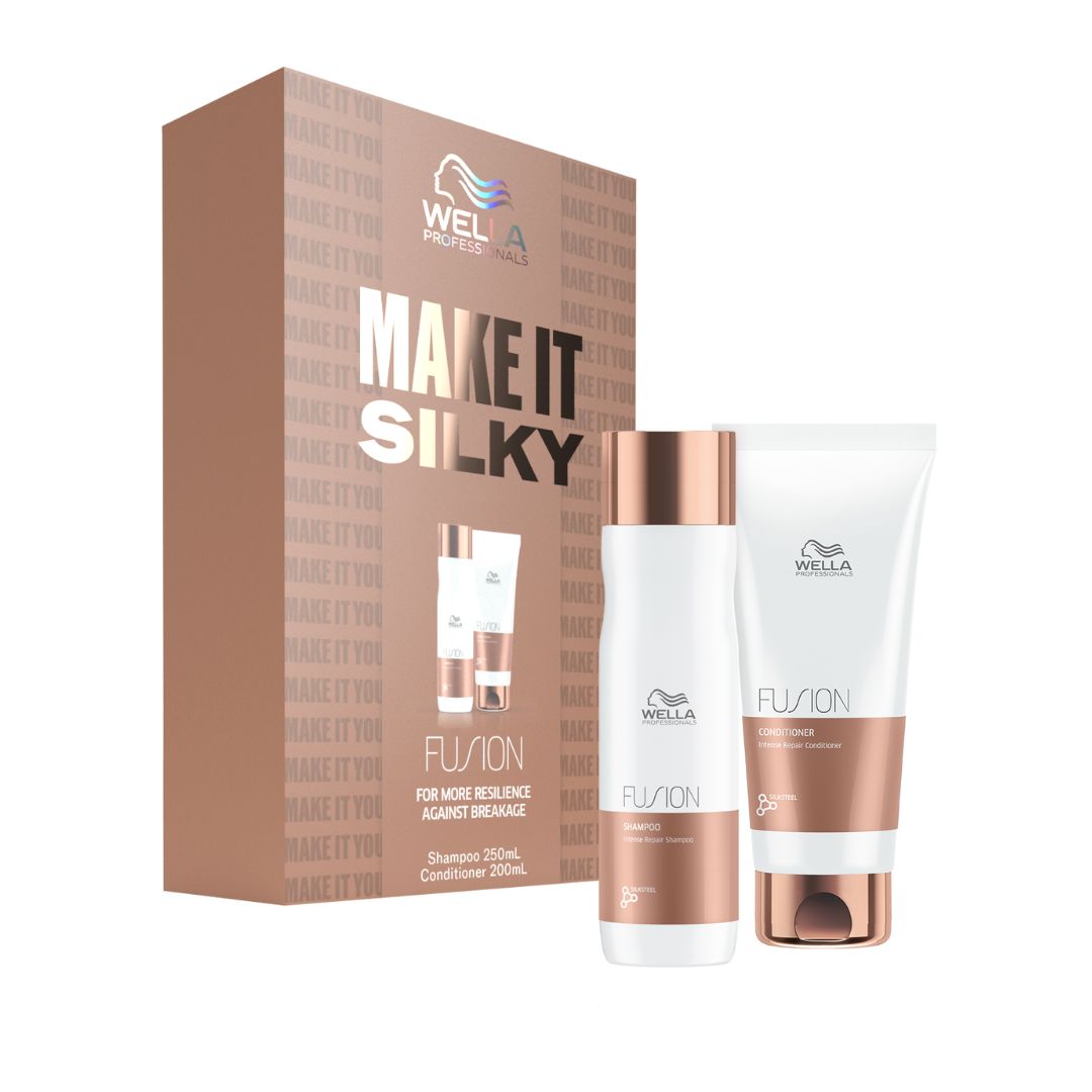 Wella Fusion hair care product set with packaging on a white background