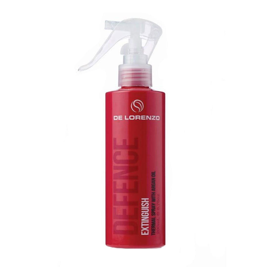 A red spray bottle labeled 'De Lorenzo Defence Extinguish' designed for heat protection and conditioning hair.