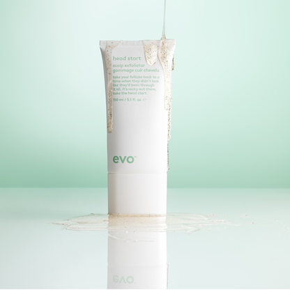 evo hair care product packaging on a light green background