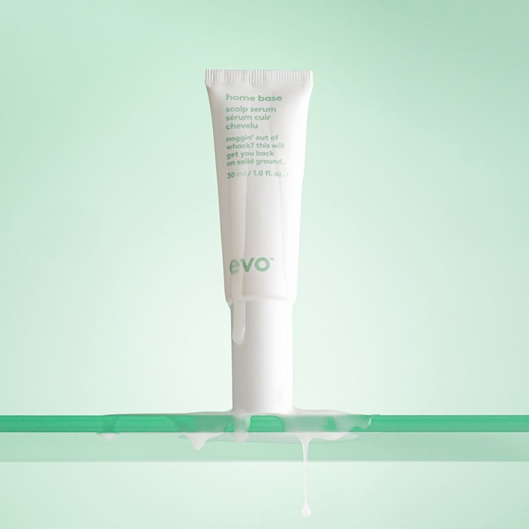 Evo hair care product on a light green background