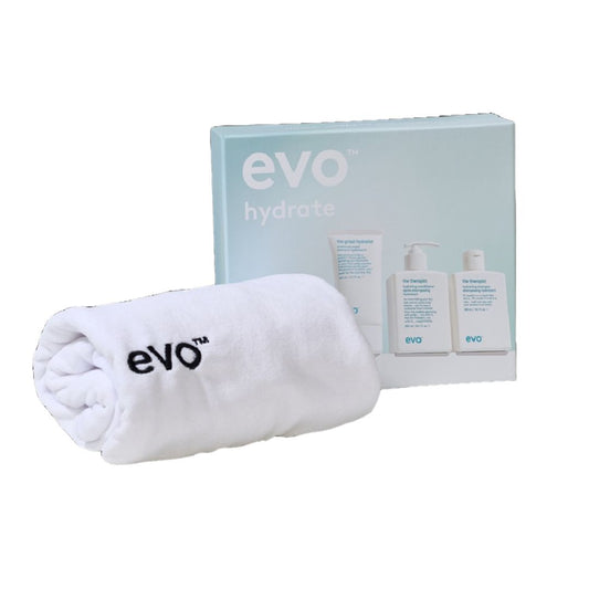 evo hydrate product set with towel on a white background