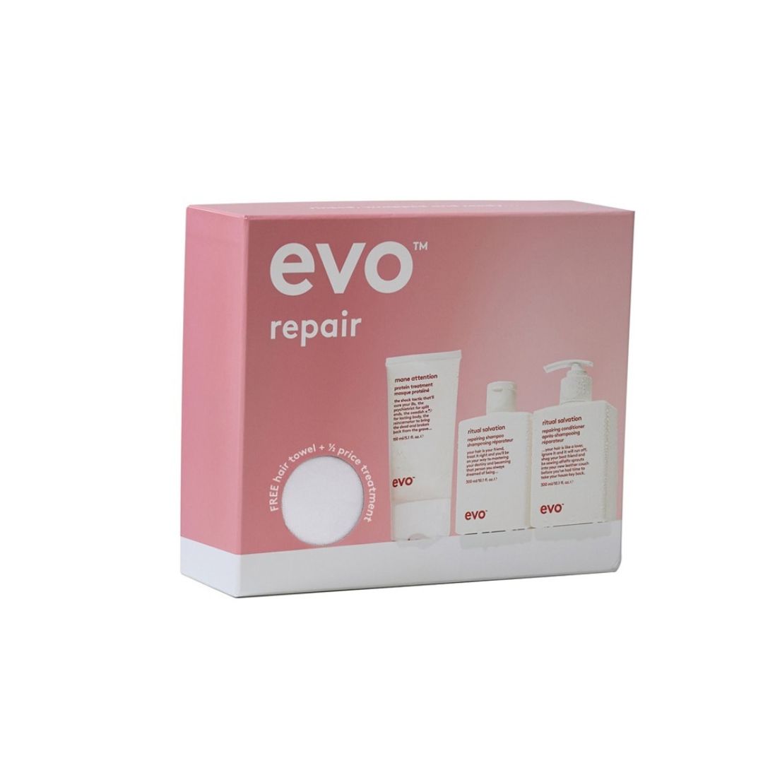 evo repair hair treatment set in a pink and white box, featuring a tube and two pump bottles shown on the front.