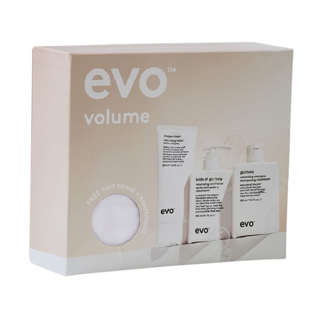 Evo Volume hair care product set packaging on a white background