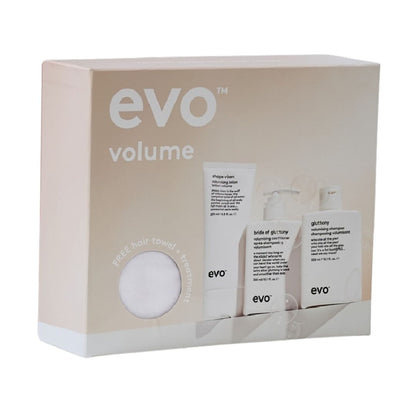 Evo Volume hair care product set packaging on a white background