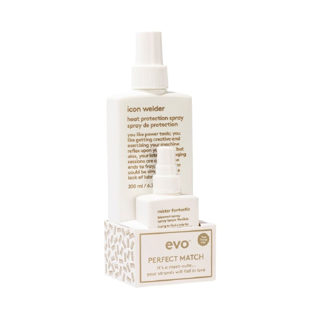 Evo heat protection spray bottle with packaging on a white background